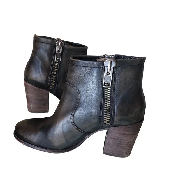 Hinge barris distressed leather ankle boots double zip heeled booties - Picture 2 of 14